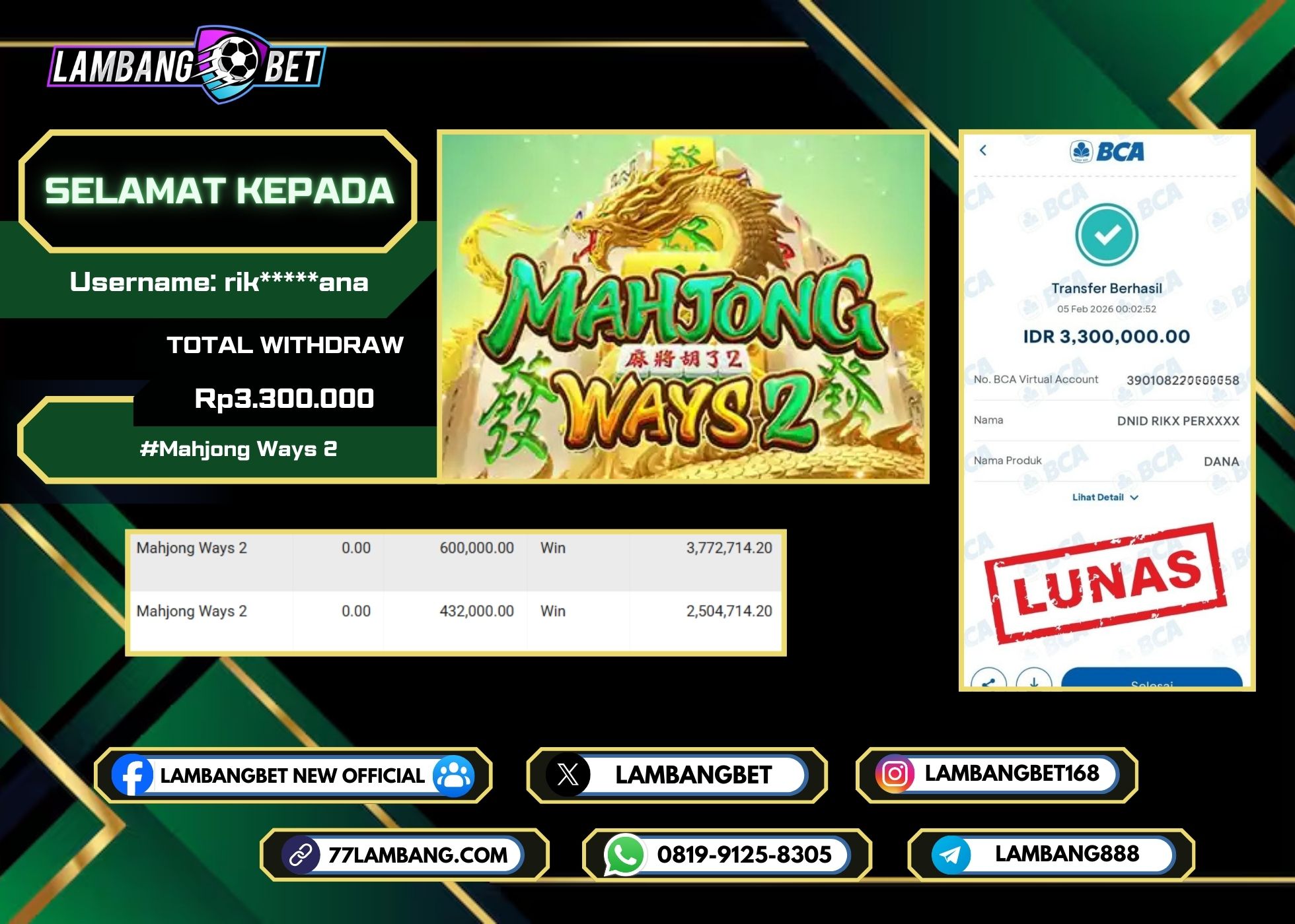 LAMBANGBET [5 FEBRUARI 2025] JACKPOT SLOT Mahjong Ways 2 "Rp3.300.000" LUNAS